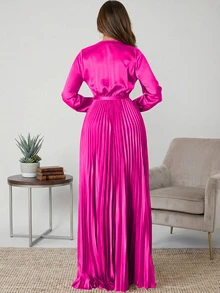 Women's Elegant Lantern Sleeve Pleated Midi Dress, Autumn - Hot Pink - View 2