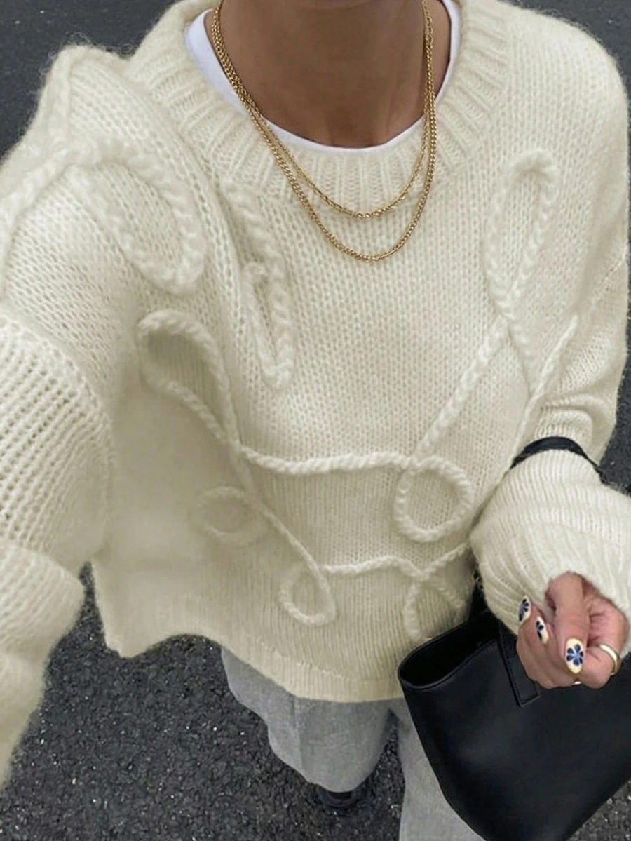 女士纯色罗纹套头毛衣，日常穿着长袖针织衫，秋冬 - 米色 - 查看 1