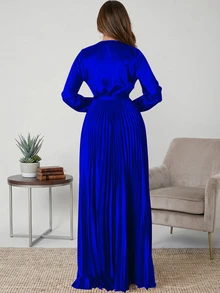Women's Solid Color Deep V-Neck Belted Pleated Long Sleeve Elegant Dress, Summer Spring - Màu xanh lam - Xem 2