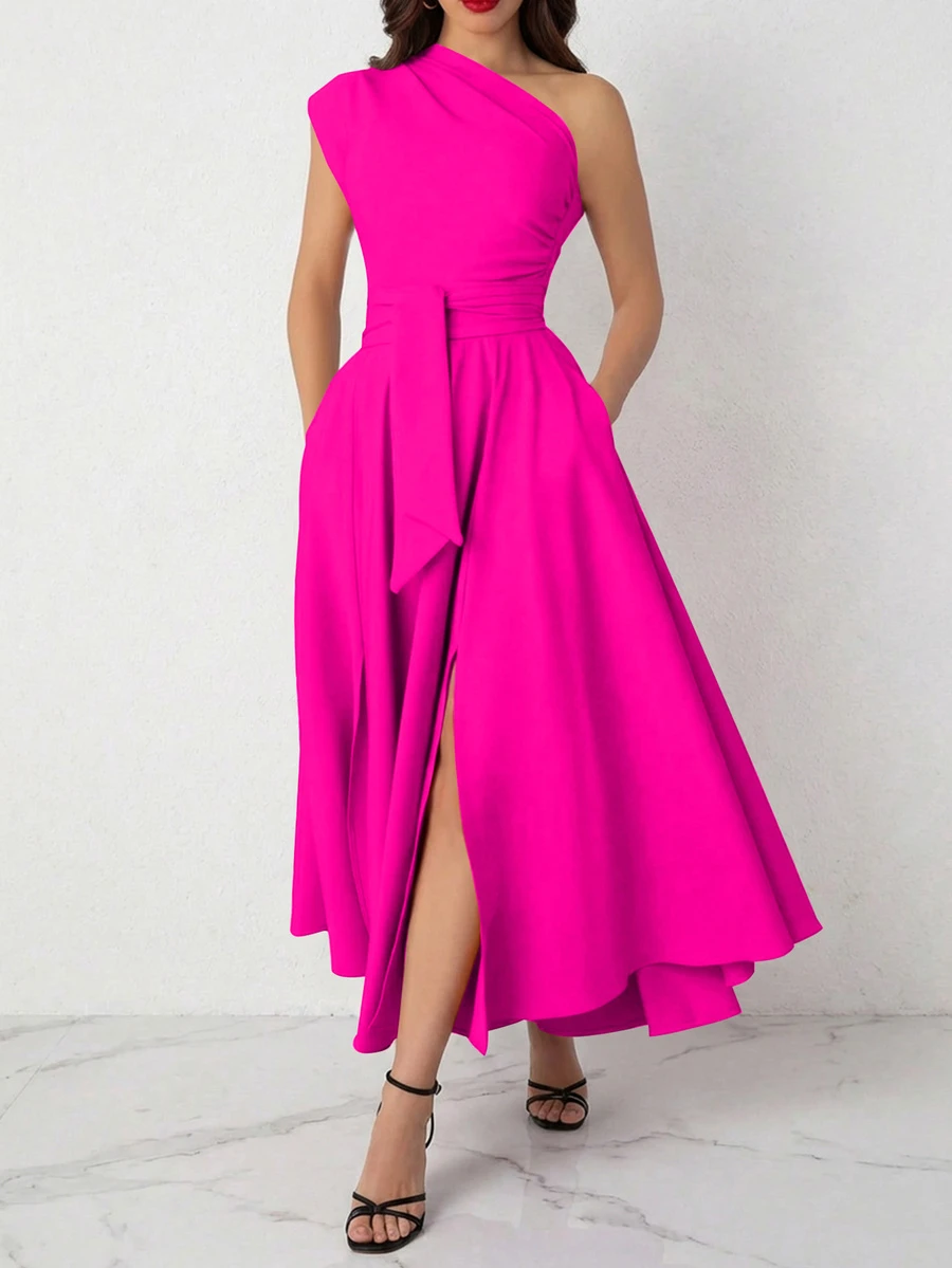 女士纯色无袖口袋开衩下摆连衣裙，优雅夏日 - 玫紅色 - 查看 1