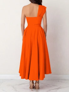女士纯色不对称领口高开衩优雅无袖连衣裙 夏季 - 橘色 - 查看 2