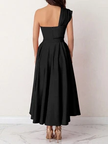 Women Simple Solid Color Asymmetric Neck Casual Dress Black Summer Elegant - 黑色 - 查看 2