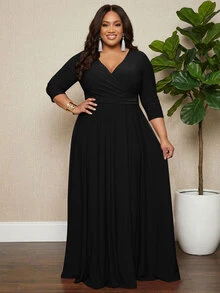 Vestido elegante negro de primavera con cuello en V y volantes para mujer talla grande - Negro - Ver 1