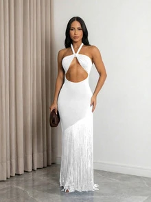 Vestido de cóctel de unicolor, sexy, con abertura y flecos en el bajo para mujer