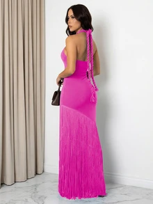 女式性感度假风格镂空露背流苏下摆派对连衣裙，夏季 - 玫紅色 - 查看 2