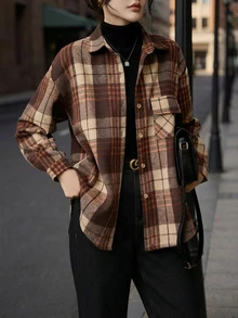 Vintage gebürstetes, verstärktes kariertes Langarmhemd, geeignet für den täglichen Arbeitsweg, locker geschnitten - Kaffeebraun - Übersicht 5