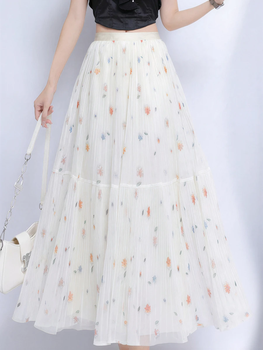 LuminousWealth Women's Elegant Floral Pleated Maxi Dress - Colorful Floral Pattern, High Waist, Flowing Design, Suitable For All Seasons, High Waist Skirt - 杏色 - 查看 1