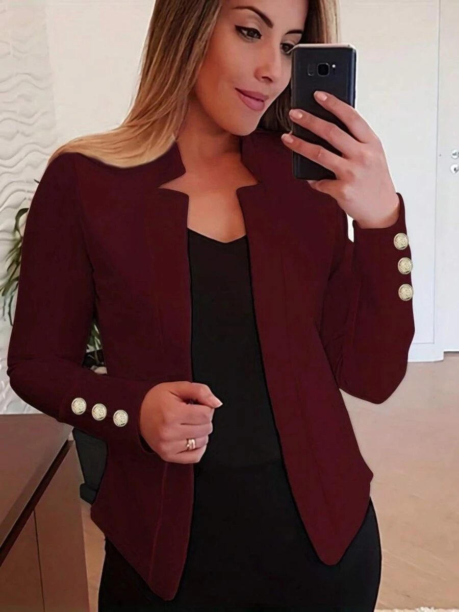 Women's Fashion Casual Solid Color Long Sleeve Button Up Jacket - Burgundy - View 1