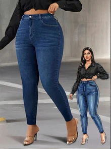 Quần jeans denim dáng ôm cạp cao cỡ lớn, chất liệu co giãn, dài đến mắt cá chân, được thiết kế dành cho phụ nữ. - Màu xanh lam - Xem 1