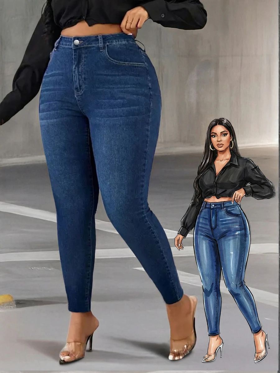 Quần jeans denim dáng ôm cạp cao cỡ lớn, chất liệu co giãn, dài đến mắt cá chân, được thiết kế dành cho phụ nữ. - Màu xanh lam - Xem 1