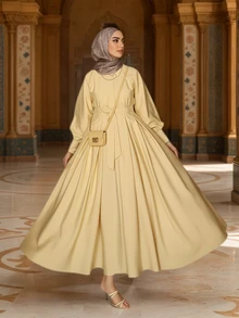 2026年斋月优雅长裙，黄色伞裙，适合情人节派对，女士黄色连衣裙配腰带，尽显高贵气质。