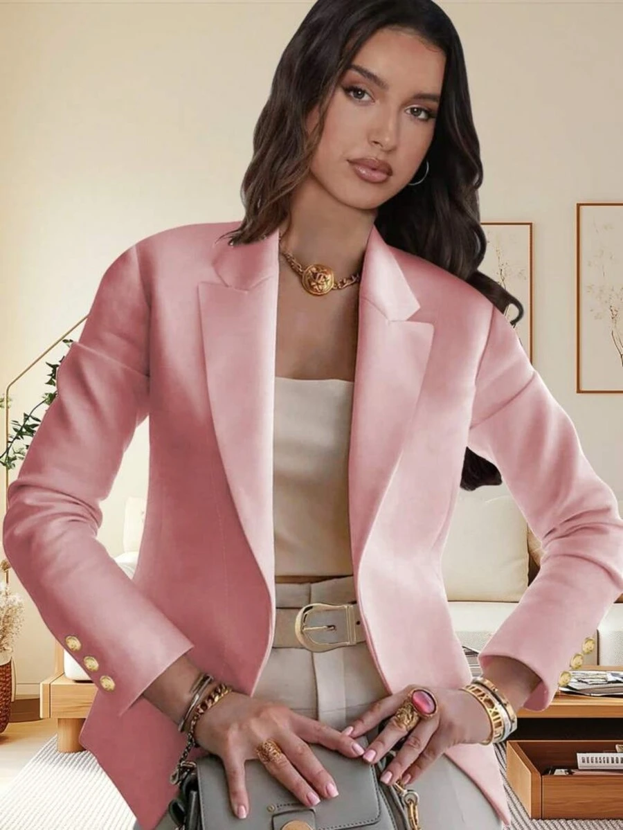 1件女士优雅纯色翻领纽扣开衫毛衣，春秋季 - 粉色 - 查看 1