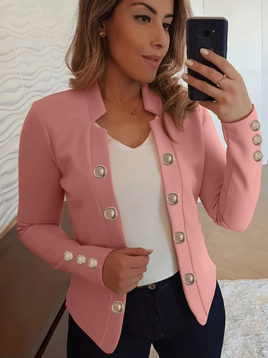 Chaqueta delgada con botones de manga larga de unicolor para mujer para primavera/otoño - Rosa - Ver 1