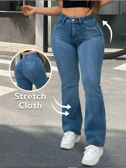 Jeans de mujer, Jeans de talla grande, Jeans de talle alto, Jeans de talle levantador, Jeans de denim azul elástico, Estilo minimalista casual, Jeans de ajuste ceñido, Jeans de pierna acampanada