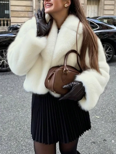 Short Faux Fur Coat, Women's Short Faux Fur Jacket For Autumn/Winter, French Retro Solid Color Lapel Coat, Vintage Romantic Valentine's Day Versatile Business Commute Faux Fur Cape