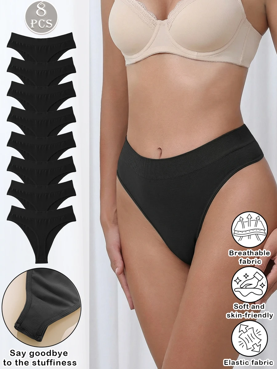 8pcs/Pack Women's Seamless High Waist Sexy Thong Panties, Lifting Triangle Briefs Underwear - Black - View 1