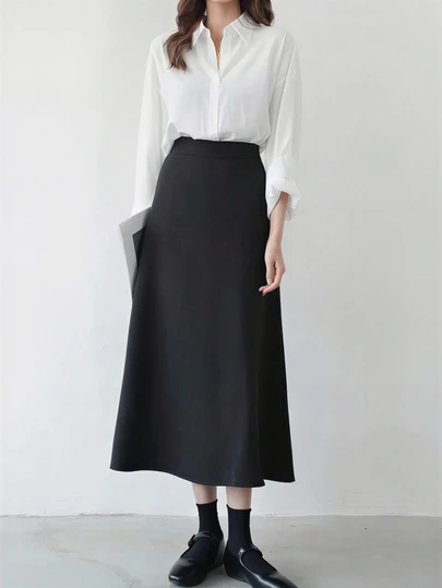 LuminousWealth 女士纯色优雅高腰黑色中长裙，弹性腰带设计，适合所有季节，休闲外出和办公通勤皆宜，新年和派对必备单品