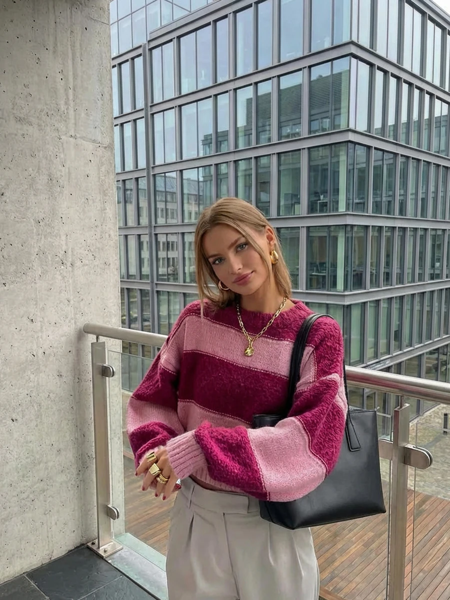 LUBI Autumn/Winter Colorblock Striped Design Loose Fit Long Sleeve Round Neck Soft Fluffy Knit Pullover Sweater, Casual Commute Cafe Travel Afternoon Tea Date - Multicolor - View 1
