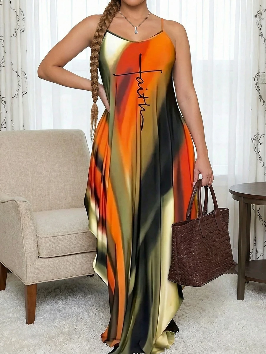 Plus Size Women Fashionable Colorful Long Strap Dress For Summer - Multicolor - View 1