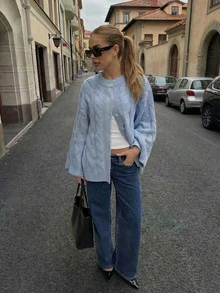 女士纯色休闲简约绞花针织开衫，适合春秋季穿着 - 藍色 - 查看 2