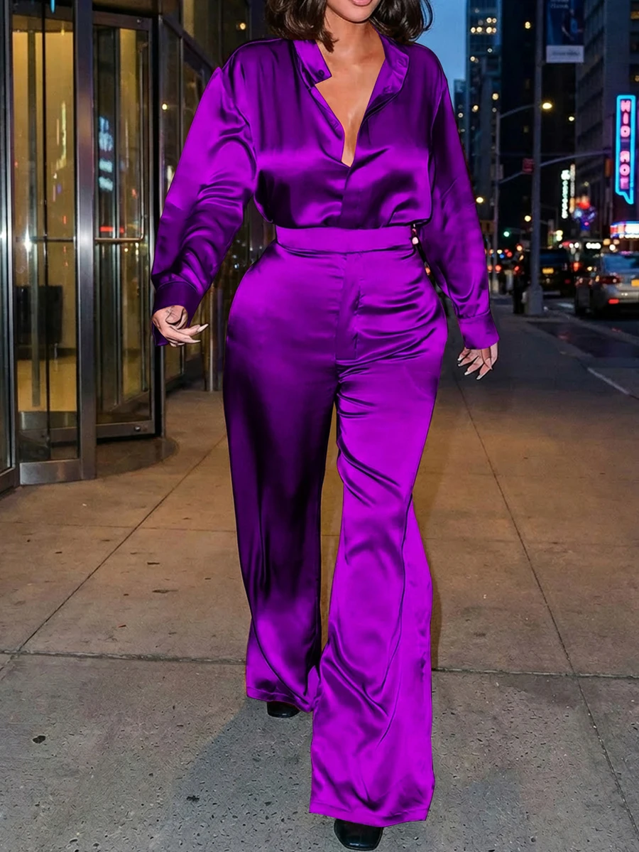 Conjunto de 2 piezas Blusa y pantalones de mujer de unicolor elegante, para otoño