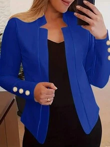 Women's Fashionable Casual Solid Color Long Sleeve Button Jacket - Color Blue - View 1