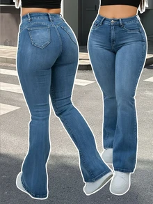 Women's Denim Jeans, Plus Size Denim Jeans, High Waist Denim Jeans, Lifting Waist Denim Jeans, Blue Stretch Denim Jeans, Casual Minimalist Style, Slim Fit Denim Jeans, Flare Leg Denim Jeans - Blue - View 3