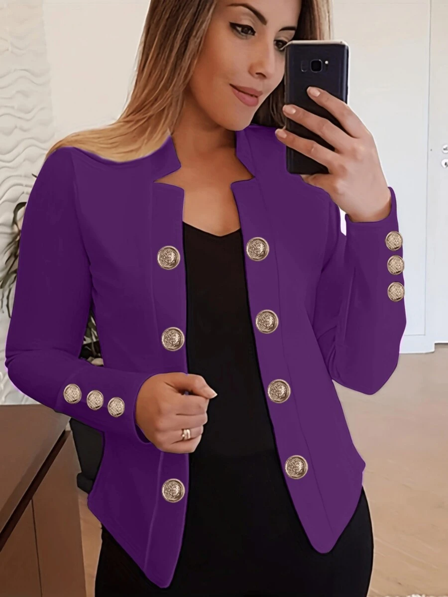 Women Spring & Autumn Casual Solid Button Down Thin Long Sleeve Jacket - Purple - View 1