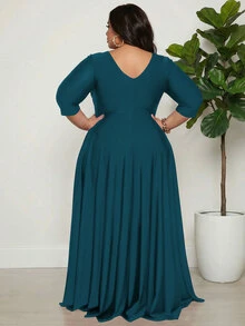 Vestido envolvente largo tipo maxi de unicolor con cuello en V y manga 3/4 para mujeres de talla grande, elegante