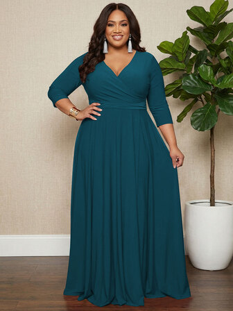 Vestido envolvente largo tipo maxi de unicolor con cuello en V y manga 3/4 para mujeres de talla grande, elegante