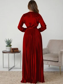 女士纯色斜襟 V 领长袖褶边连衣裙，优雅春夏季 - 紅色 - 查看 2