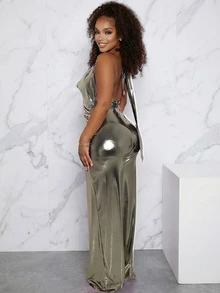 女士时尚性感金属未来主义音乐节露背吊带连体裤