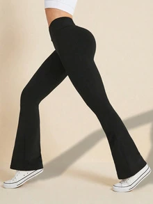 Quần legging ống loe cạp cao cho nữ, quần legging ống loe nâng mông, quần yoga ống loe ôm sát, quần legging thể thao ống rộng màu trơn, quần tập luyện kiểm soát vòng bụng màu đen, quần skinny thường ngày, quần thể thao mùa xuân - màu đen - Xem 2