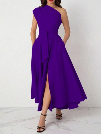 Women Asymmetric Neckline Slit Up To Thigh Elegant Sleeveless Dress, Solid Color