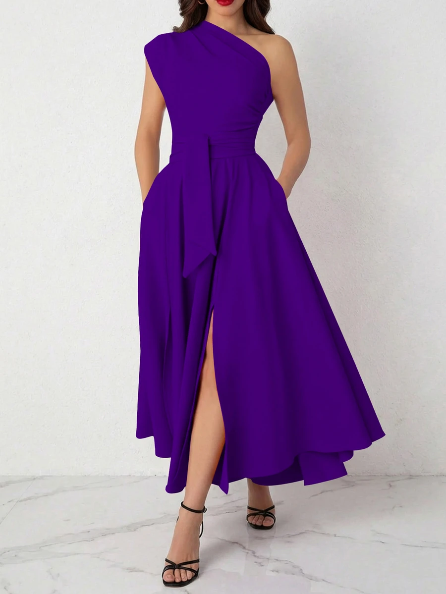 Women Asymmetric Neckline Slit Up To Thigh Elegant Sleeveless Dress, Solid Color Summer - 紫色 - 查看 1