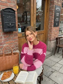 LUBI Autumn/Winter Colorblock Striped Design Loose Fit Long Sleeve Round Neck Soft Fluffy Knit Pullover Sweater, Casual Commute Cafe Travel Afternoon Tea Date - Multicolor - View 2
