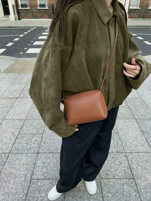 Chaqueta casual suelta de manga larga de ante sintético de un solo pecho para mujer, adecuada para usar en primavera. - Verde - Ver 2