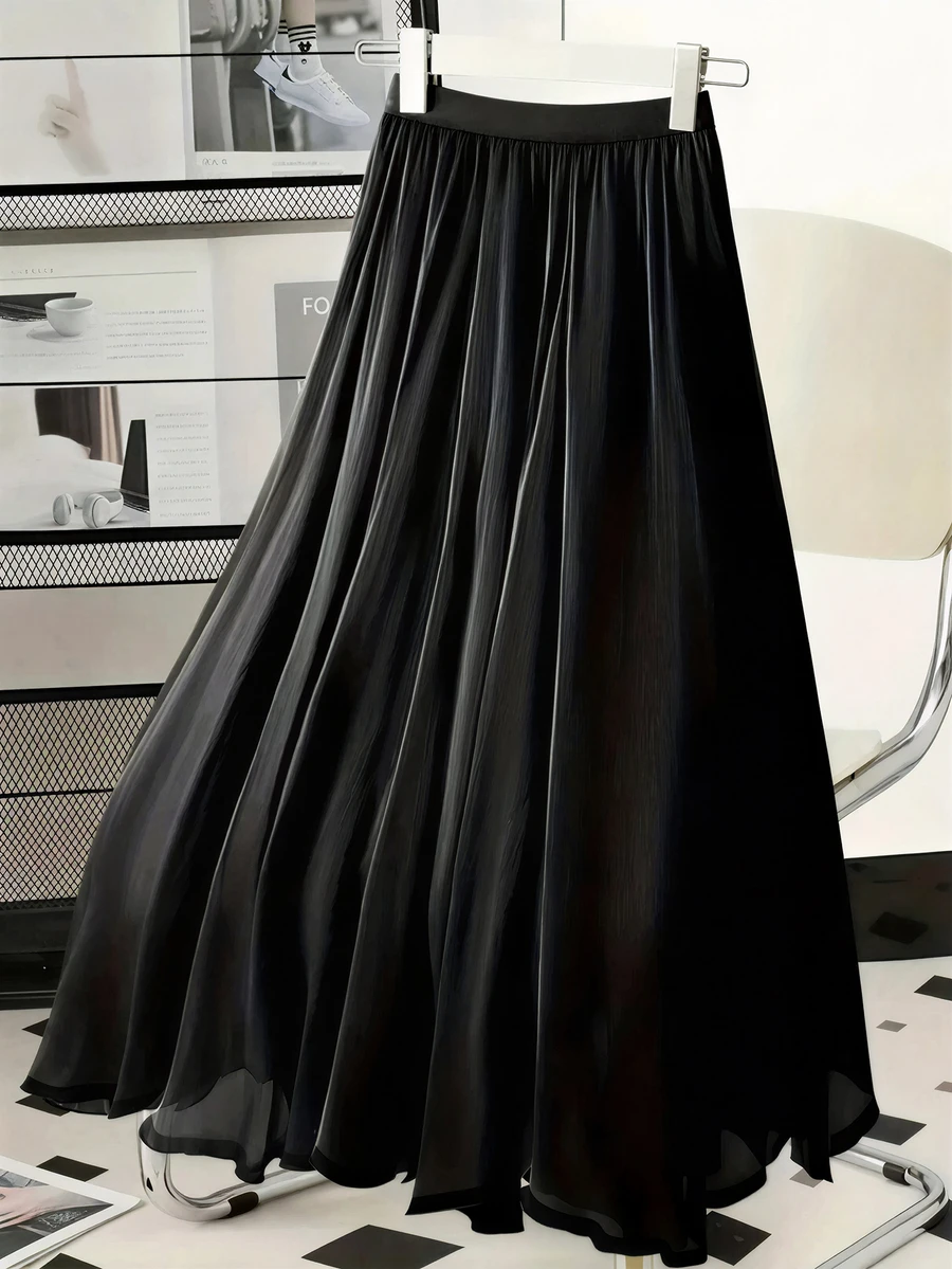 LuminousWealth 女装 - 女士纯色优雅 A 字中长裙，适合休闲或办公穿着，四季皆宜，是新年、节日和派对的理想之选。 - 黑色 - 查看 1