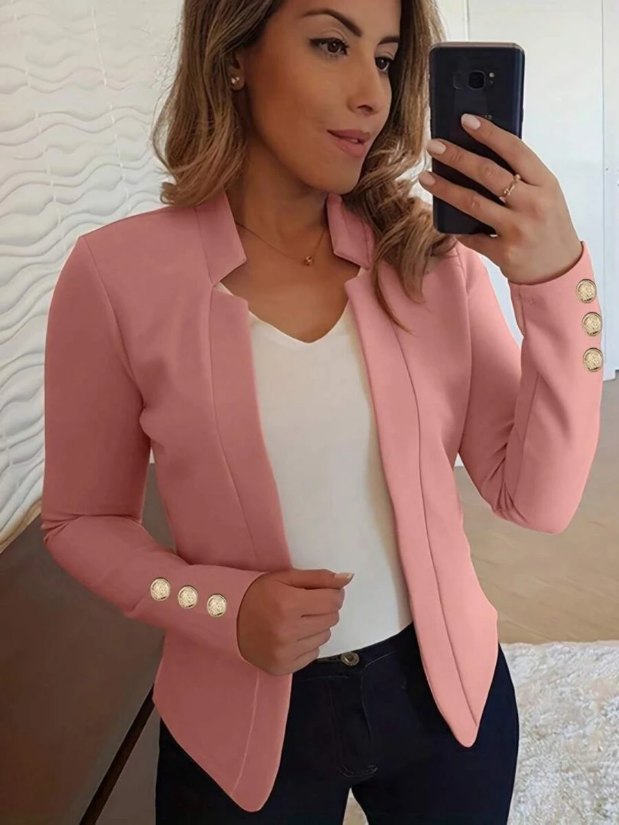 Women Casual Solid Color Long Sleeve Button Front Jacket Pink Spring - Pink - View 1