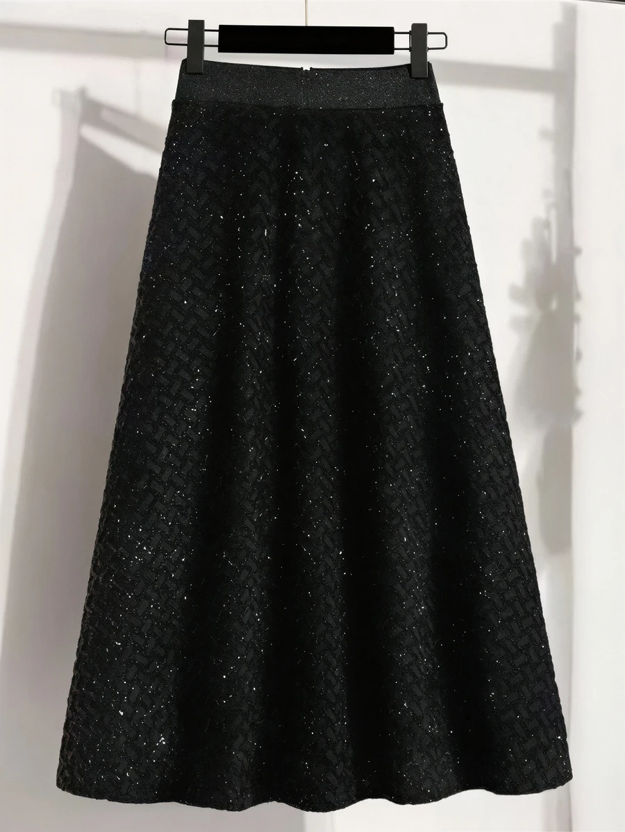 Falda acampanada de cintura alta elástica con estampado de cuadros brillante para mujer, ideal para otoño/invierno - Negro - Ver 1