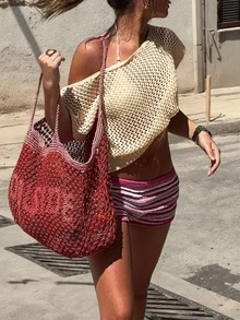 Cream Asymmetric Crochet Crop Top | Sheer Beach Cover Up For Pool & Vacation Looks - Apricot - View 3