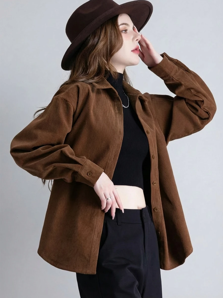 Koszula sztruksowa na wiosnę i jesień, nowa, jednokolorowa, wysokiej jakości, luźny krój, bluzka z długim rękawem - Brązowy - Zobacz 1