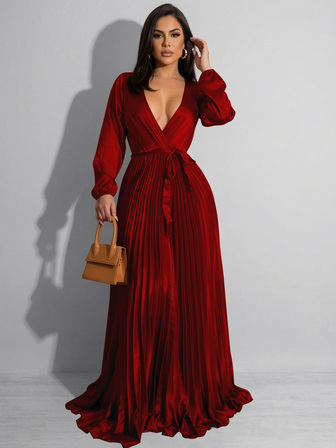 Women's Solid Color Surplice V-Neck Long Sleeve Pleated Hem Dress, Elegant For Spring & Summer