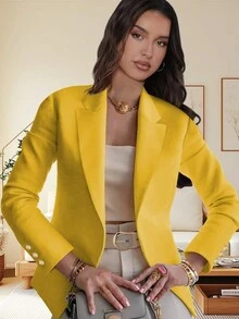 1 Áo len cardigan cài nút cổ bẻ màu trơn thanh lịch dành cho nữ, mùa xuân/thu - Màu vàng - Xem 1