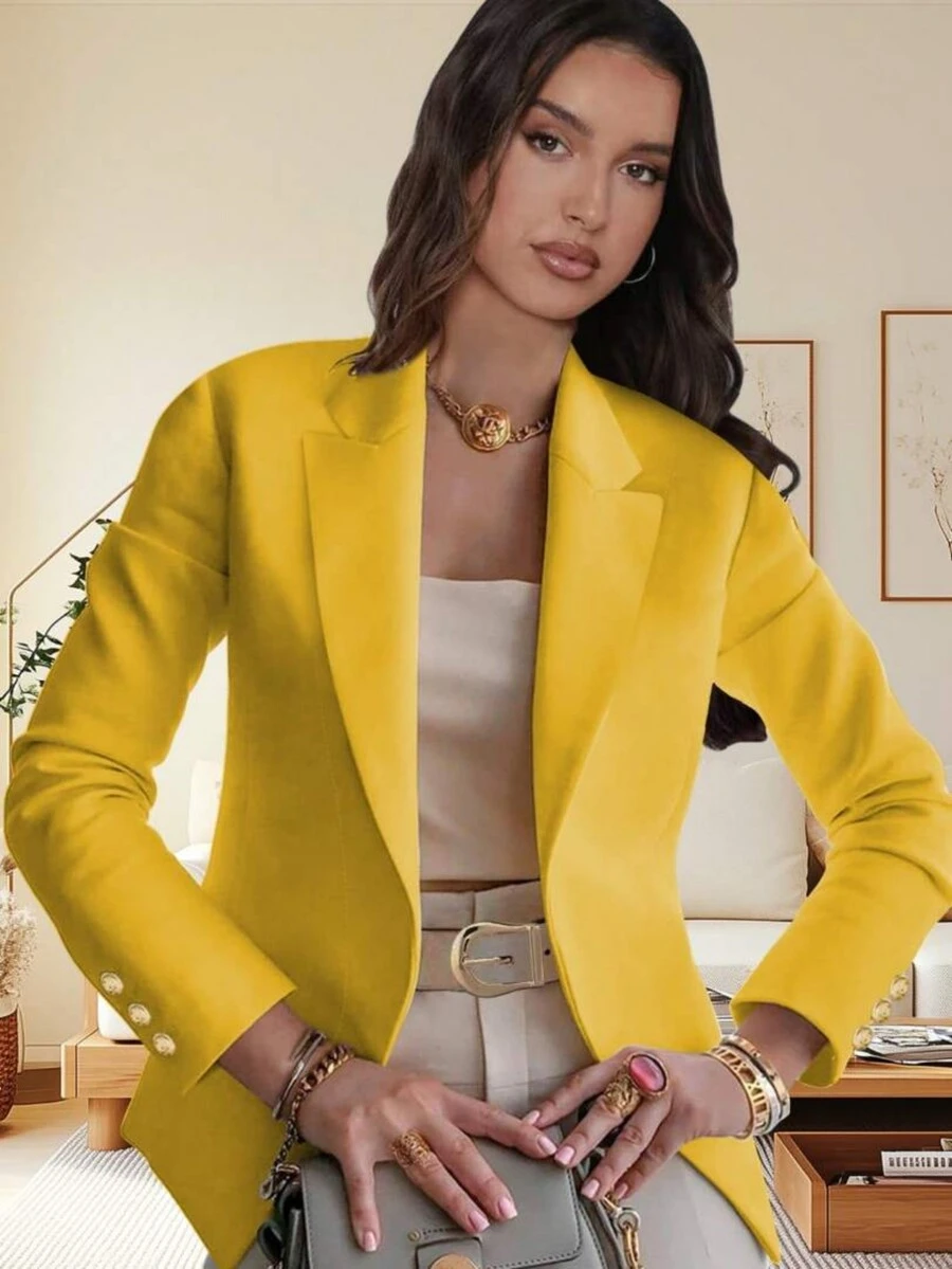 1 Áo len cardigan cài nút cổ bẻ màu trơn thanh lịch dành cho nữ, mùa xuân/thu - Màu vàng - Xem 1