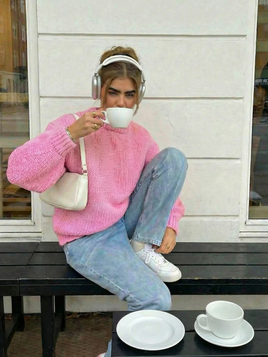 女士纯色长袖圆领宽松针织衫，日常穿着，秋冬季 - 粉色 - 查看 1