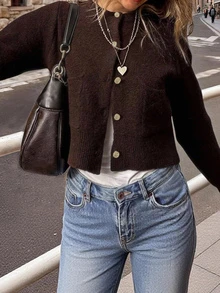 FOR BEAUTY 女士圆领单排扣长袖针织开衫，时尚简约，百搭休闲街头风，适合日常通勤，女士春季上衣 - 棕色 - 查看 1