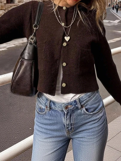 FOR BEAUTY 女士圆领单排扣长袖针织开衫，时尚简约，百搭休闲街头风，适合日常通勤，女士春季上衣