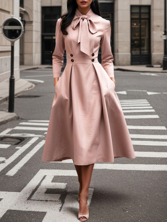 Ropa de mujer de otoño, ropa vintage para mujer, vestidos modestos para mujer, francés de doble botonadura, vestido elegante y fluido de una sola pieza, atuendos de maestra para mujer, vestido francés de doble botonadura casual y elegante de manga larga sin cuello para mujer, ropa profesional de oficina para mujer