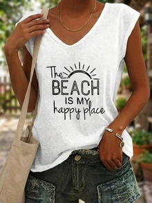 Summer Outfits V-Neck Letter Print Batwing Sleeve Casual Beach Tee - White - View 2